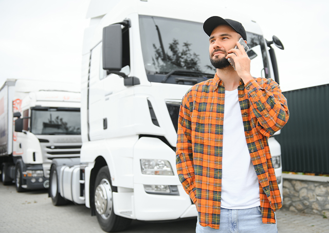 Australia wide no doc truck finance applied online by a young bearded truck driver standing next to his vehicle