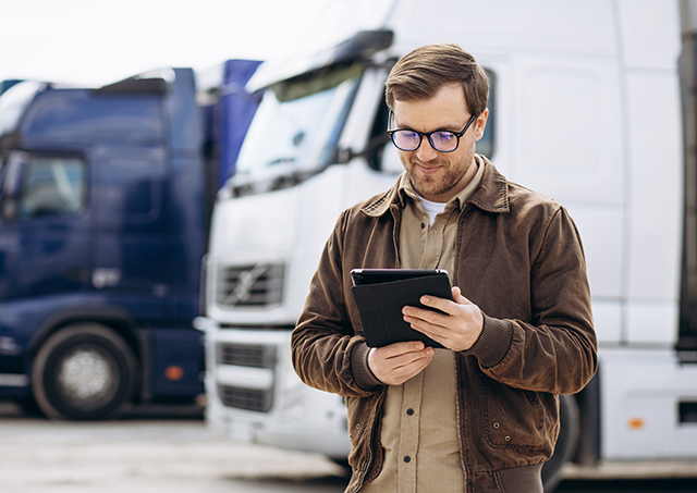 Chattel mortgage truck loans with Easy Finance for a truck driver standing next to his lorry and working on a tablet