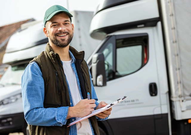 Start up truck loans approved for a smiling transport operator writing on a clipboard in front of a white light commercial delivery truck