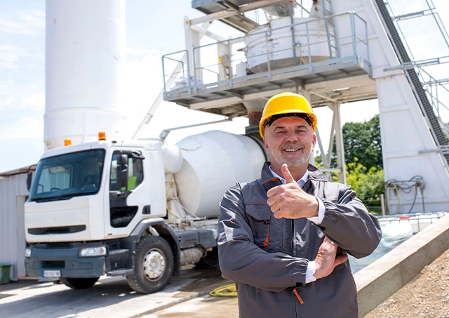 Concrete truck finance funded for a white mixer truck at a factory with a worker giving a thumbs up