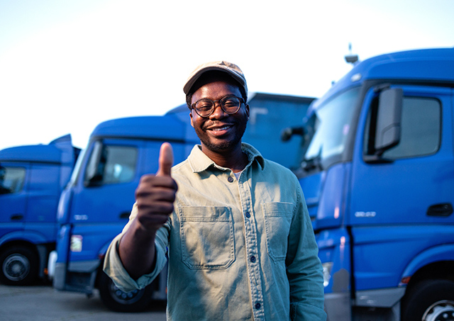 Rent to own truck finance 24-hour approval applied online by an experienced truck driver holding thumbs up