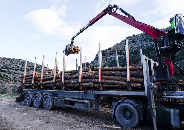 Commercial crane truck finance plans implemented for a logging transport vehicle operating a red hydraulic grab arm to stack timber logs onto its trailer