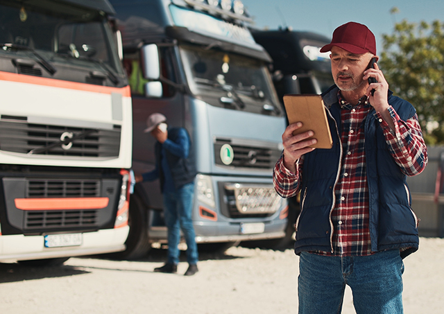 Bad credit truck finance achieved by a man wearing a red cap and vest managing his business in front of his trucks