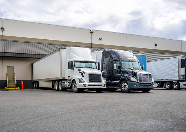 A white long-haul freight semi-truck is loading commercial cargo into a dry van trailer at a warehouse dock, lined up with other semi-trucks and trailers.