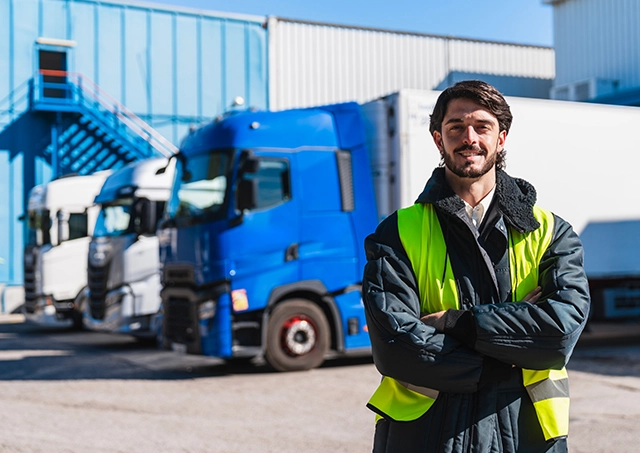 Refrigerated Truck Financing structures for a smiling worker in a hi-vis vest by a blue prime mover at a warehouse