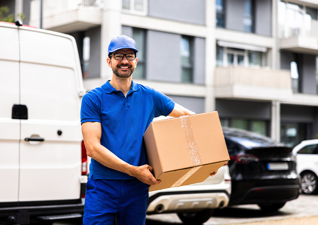 Secure affordable commercial van financing with Easy Finance for a smiling delivery professional moving boxes by his van