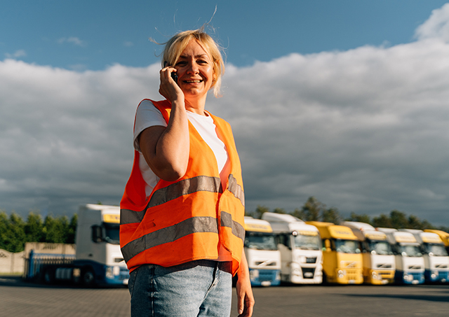 A smiling middle-aged woman having a phone call in front of semi-truck vehicles