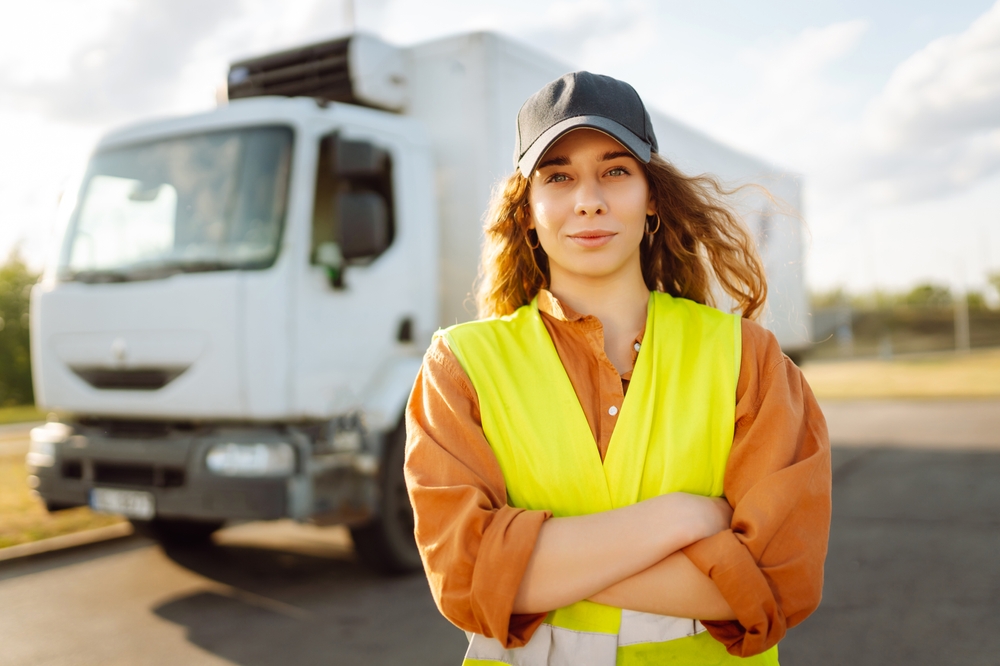 Second-hand heavy vehicle financing with Easy Finance for a woman truck driver at work in front of her commercial truck